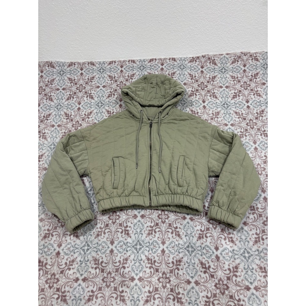 Stoosh Quilted Cropped Zip Up Hoodie Jacket Sage Green Olive XL Bomber Style